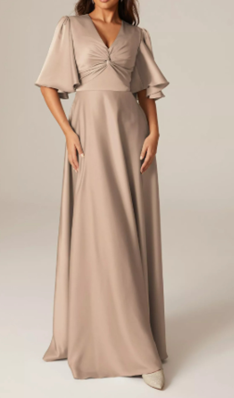 AW BRIDAL SZ 4 S taupe Elinore satin wedding cocktail party maxi dress NEW B39